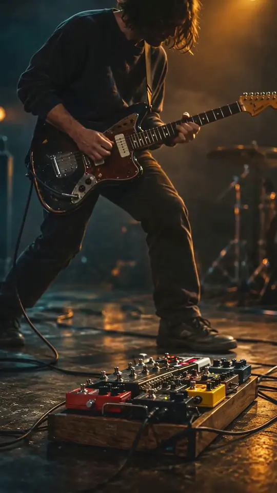 A frame from a Canvas made by Kinetune: a guitarist playing an electric guitar on a hazy stage in warm golden light, a pedalboard at his feet.