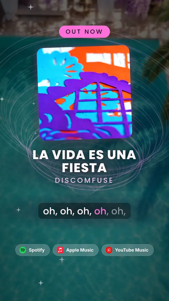A vertical lyric video for “La Vida Es Una Fiesta” by Discomfuse over a swimming pool