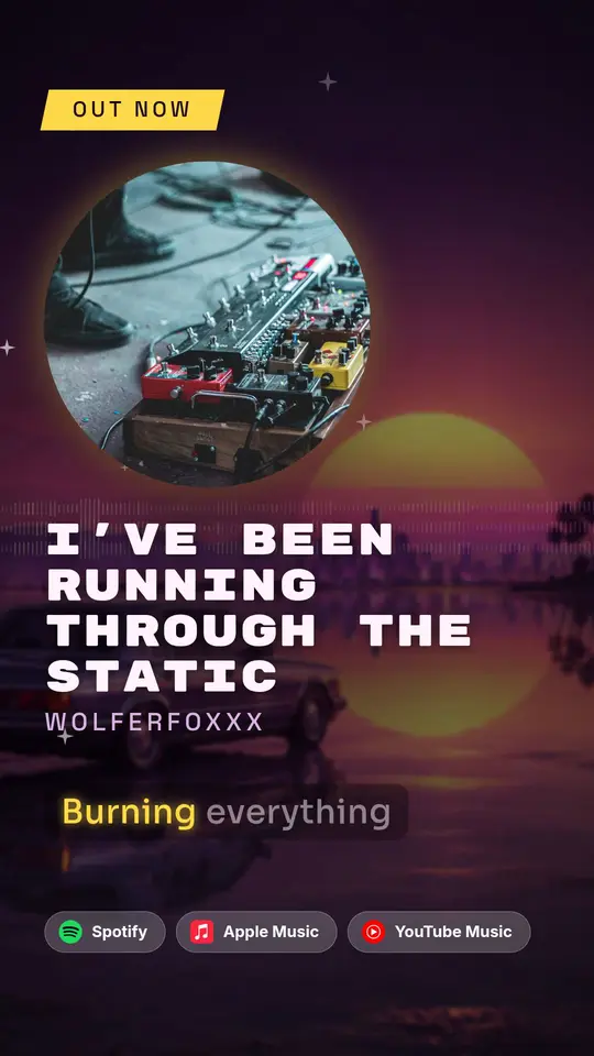 A vertical lyric video for “I’ve Been Running Through the Static” by Wolferfoxxx over a neon sunset