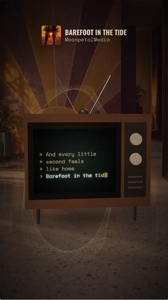 A vertical lyric video frame in the Retro TV style: a 3D wooden television typing the lyrics in green on its screen, in a warm room lit by golden rays.