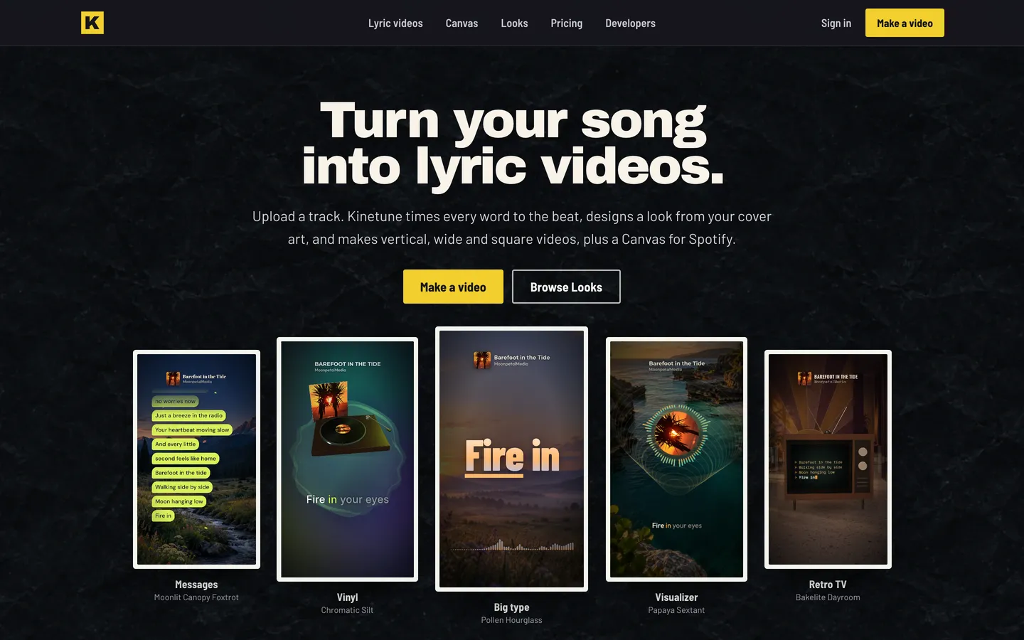 Kinetune's home page: the headline “Turn your song into lyric videos.”, Make a video and Browse Looks, and five lyric videos playing the same song in five lyric styles.
