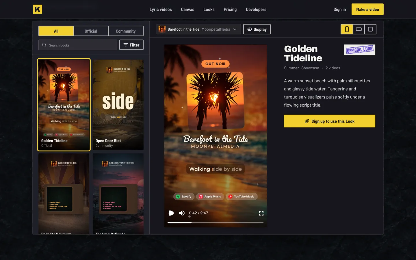 The Looks browser: a grid of lyric video designs on the left, and the selected Look, Golden Tideline, playing on a sample song on the right with its description.