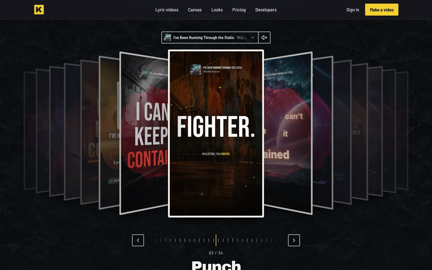 The lyric styles dial: lyric videos standing in a ring, the one in front playing a sample song in the Punch style with the word “FIGHTER.” on screen.